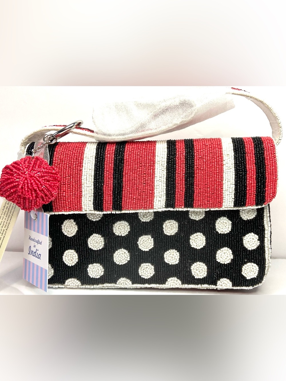 Beaded Polka Dot Shoulder Bag in Black, White & Red w 5 random free  gift items - Picture 3 of 10